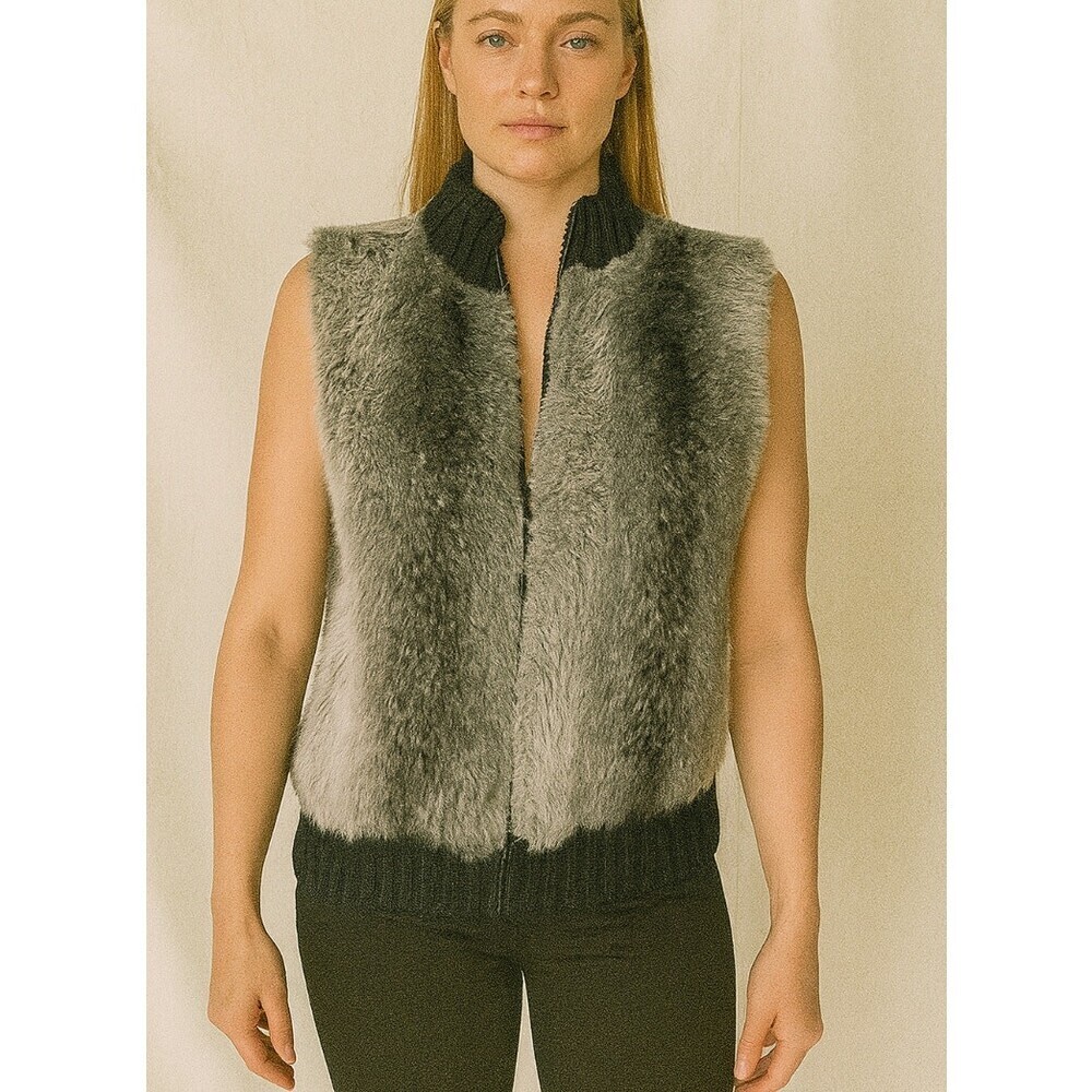 Lara Faux fur vest zip up gray/black SZ SM sweater back sleeveless mock neck